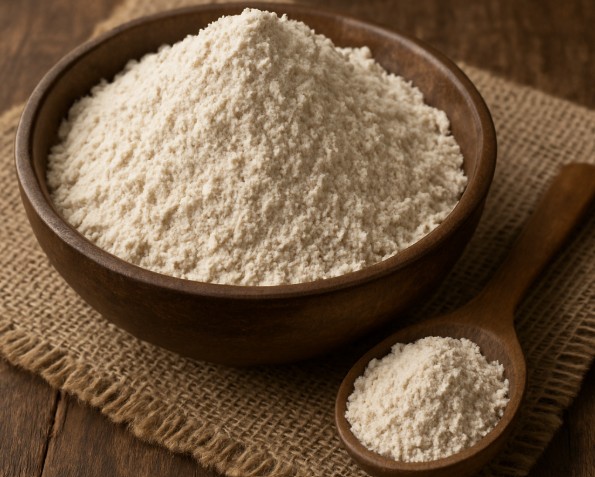 A bowl of refined flour (maida) with a wooden spoon, used for making soft butter naan