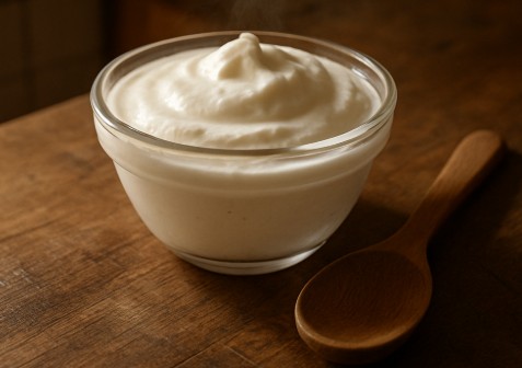 Fresh thick yogurt in a glass bowl placed on a wooden kitchen counter, used as a natural fermenting agent for soft and tangy butter naan