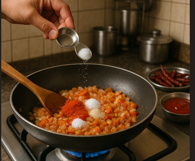 प्याज, टमाटर और मसाले डालकर सॉस के लिए पकाते हुए