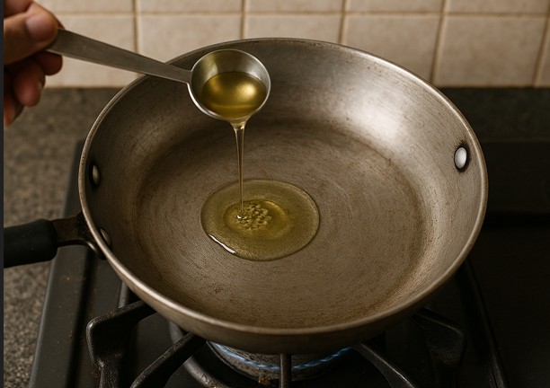 पैन में रिफाइंड तेल डालते हुए, हॉट डॉग सॉस बनाने की शुरुआत