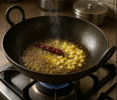 कड़ाही में अदरक-लहसुन को भूनते हुए