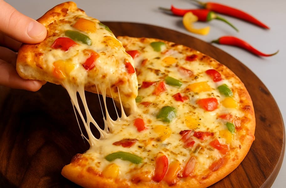 तवे पर बना हॉट चीज़ी वेज पिज़्ज़ा, हरी-लाल शिमला मिर्च और मोज़रेला चीज़ के साथ