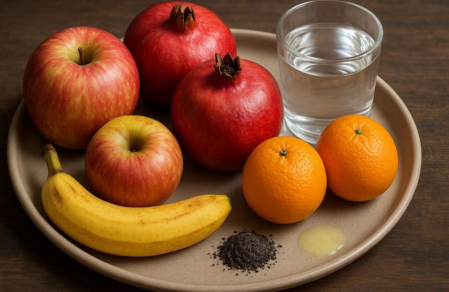 मिक्स फ्रूट जूस के लिए सेब, अनार, केला, संतरा, नींबू, काला नमक और पानी के सामग्री