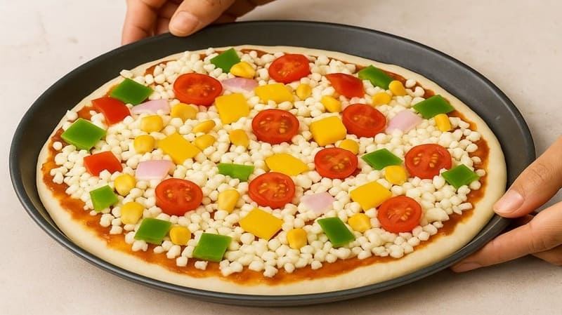 पिज़्ज़ा बेस पर सॉस, मोज़रेला चीज़, हरी-लाल शिमला मिर्च, प्याज और कॉर्न सजाते हुए