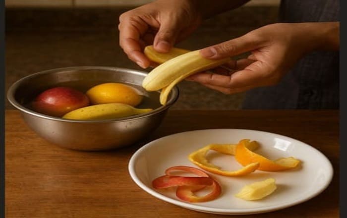 मिक्स जूस के लिए सेब, अनार, केला और संतरे को गुनगुने पानी से धोकर छीलते हुए