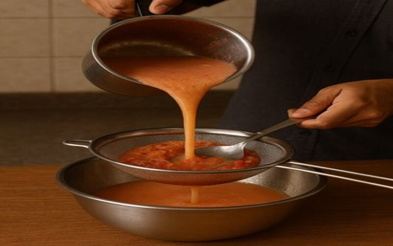 मिक्स फ्रूट जूस को छन्नी से छानते हुए, बीज और रेशे निकालकर शुद्ध जूस निकाला गया