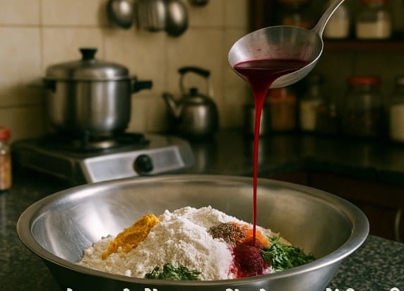 एक बड़े बर्तन में गेहूं का आटा और सभी सामग्री मिलाकर चुकंदर जूस से डोसा जैसा बैटर बनाते हुए