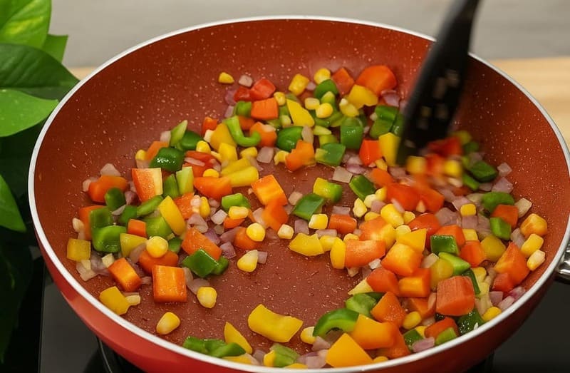 व्हाइट सॉस पास्ता के लिए प्याज, गाजर, शिमला मिर्च और मक्का को बटर में हल्का भूनते हुए