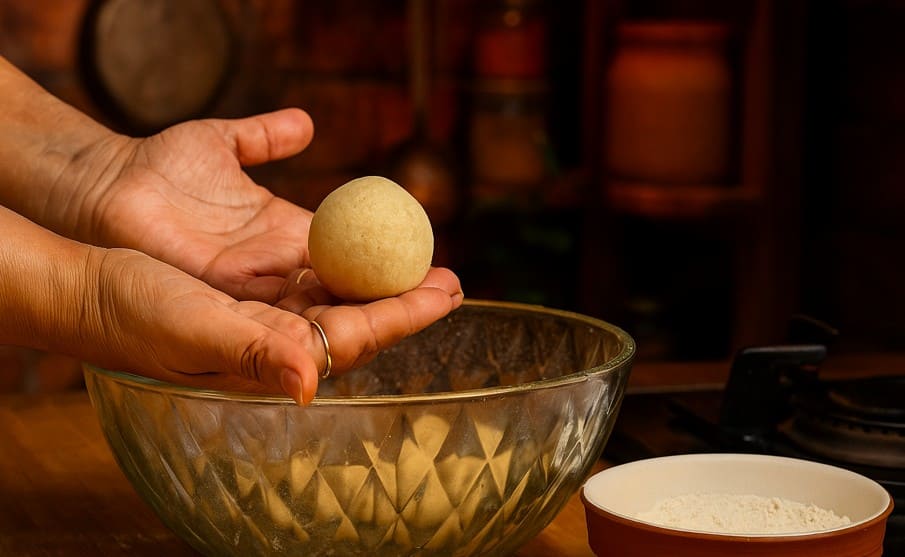 भटूरे का फूला हुआ आटा हल्का मसलते हुए और बराबर लोइयाँ बनाते हुए – तले के लिए तैयार
