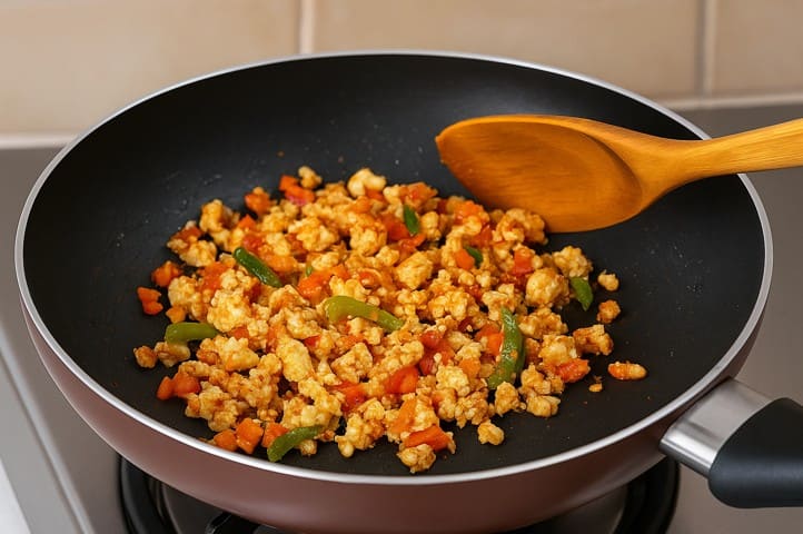 पनीर टाको के लिए प्याज, टमाटर, शिमला मिर्च और मसालों के साथ पनीर की फिलिंग तैयार करते हुए