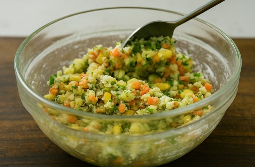 सैंडविच के लिए आलू, शिमला मिर्च, प्याज़ और मसालों को मिलाकर देसी फिलिंग तैयार करते हुए