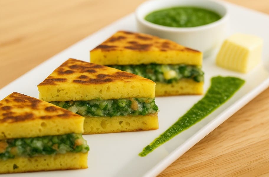 बिना ब्रेड वाला देसी सैंडविच ट्रैंगल शेप में काटकर चाट मसाले और हरी चटनी के साथ सर्व करते हुए