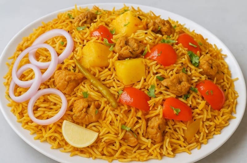 गरमा-गरम सोयाबीन पुलाव हरे धनिये के साथ प्लेट में परोसा गया"