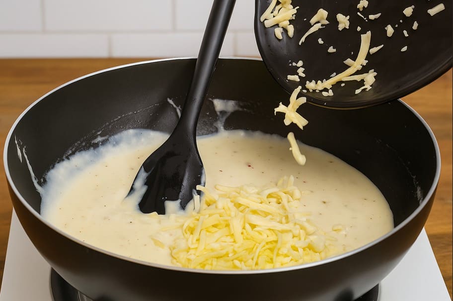 व्हाइट सॉस पास्ता के लिए दूध मैदा, चीज से क्रीमी सफेद सॉस बनाते हुए