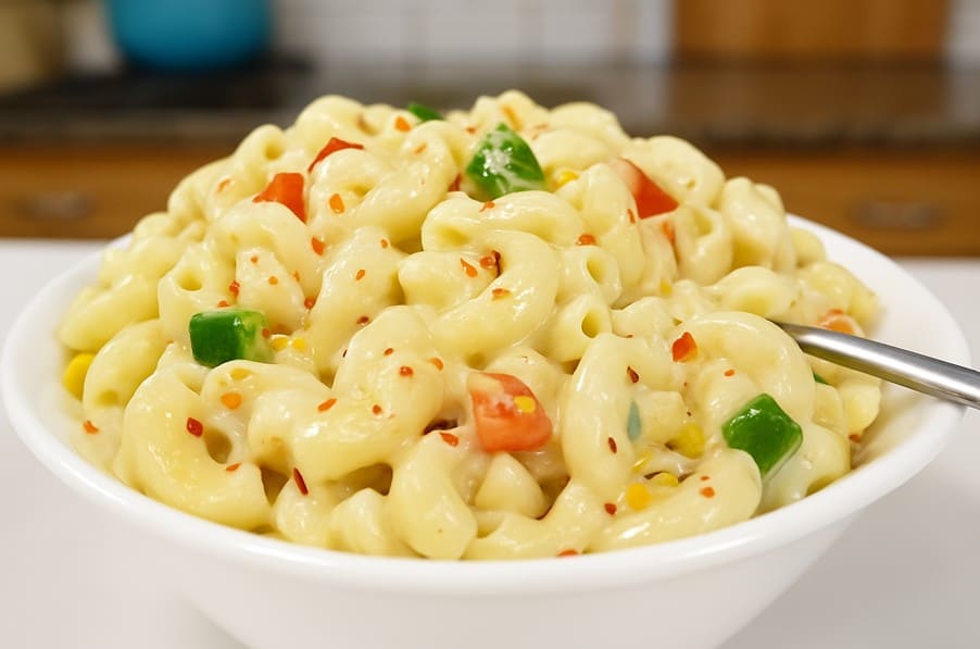 प्लेट में परोसा गया देसी स्टाइल व्हाइट सॉस पास्ता चीज़ और हर्ब्स के साथ